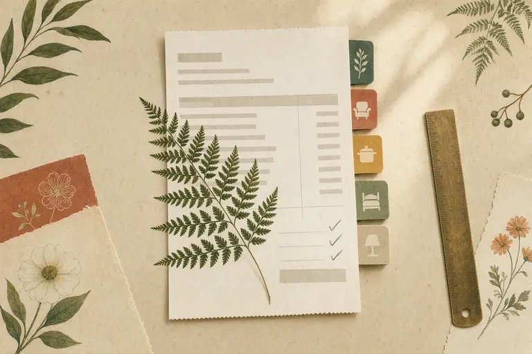 Illustrated receipt arranged as a botanical specimen with a fern, room tabs, and a brass ruler